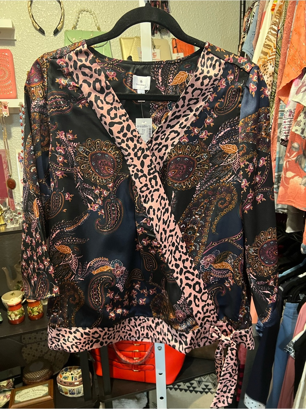 Dressbarn Black Paisley Faux Wrap Top with Pink Leopard Trim